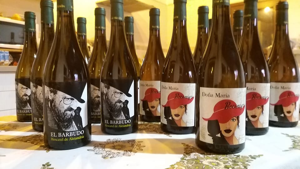 Varias botellas de vino con etiquetas de "El Barbudo" y "Doña María" en una mesa.